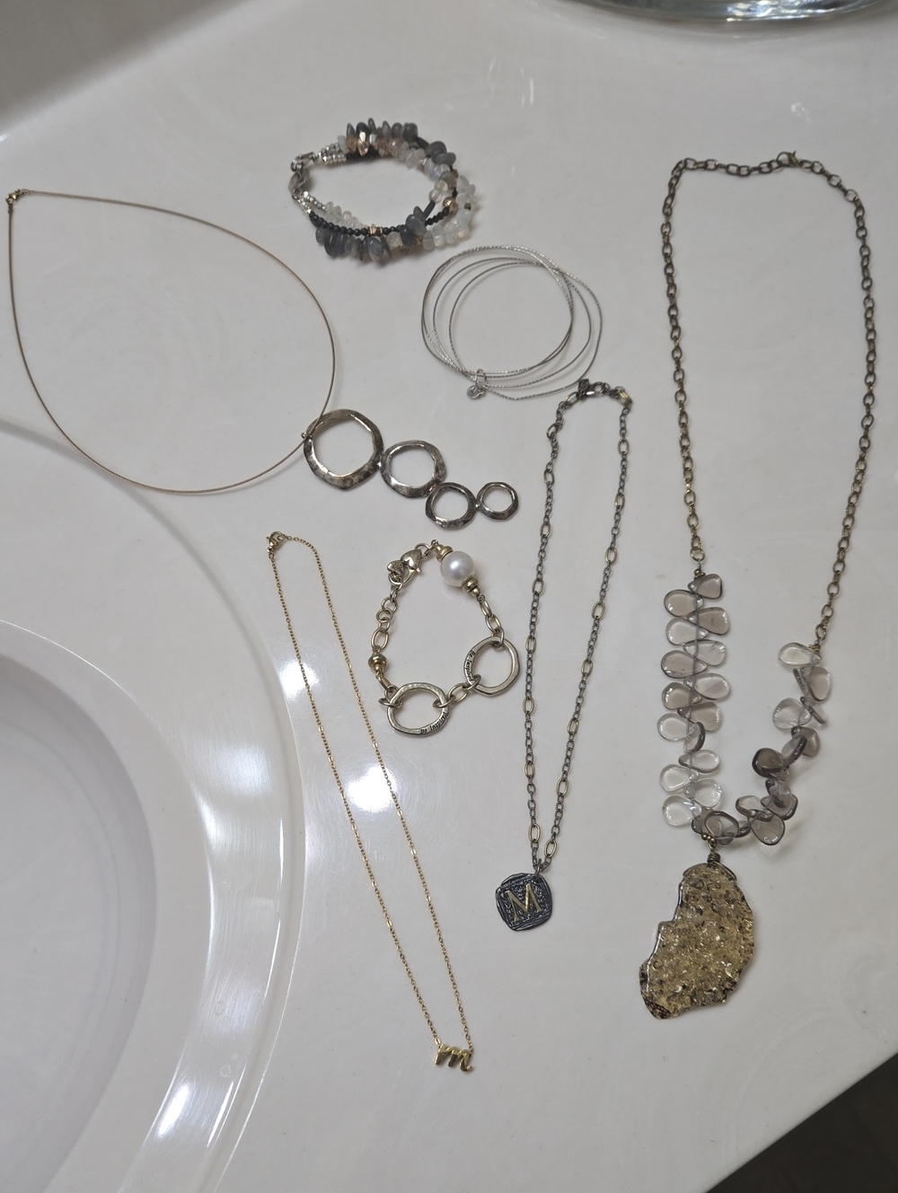 Mixed Metal and Stone Womens Necklace & Bracelet Set - Gold and Silver Tones